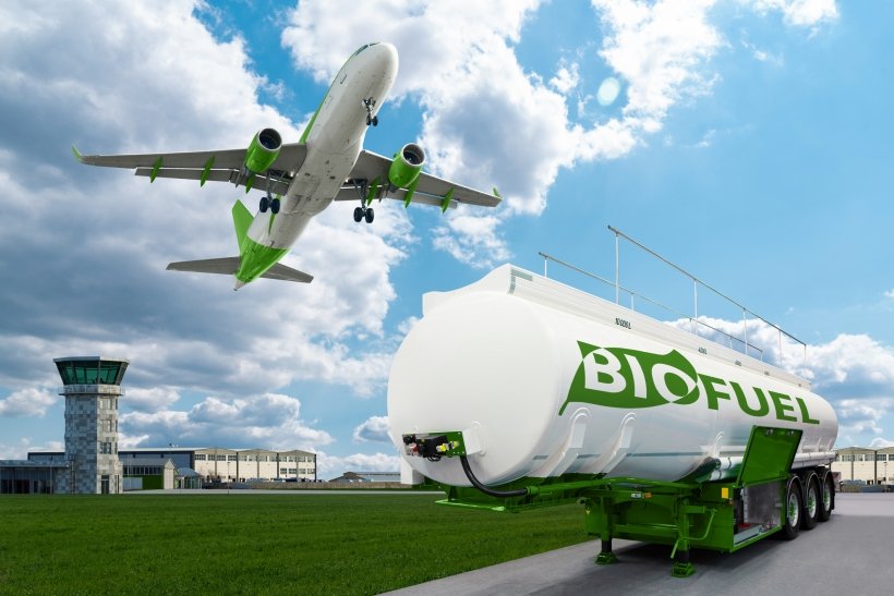 airplane with biofuel trailer