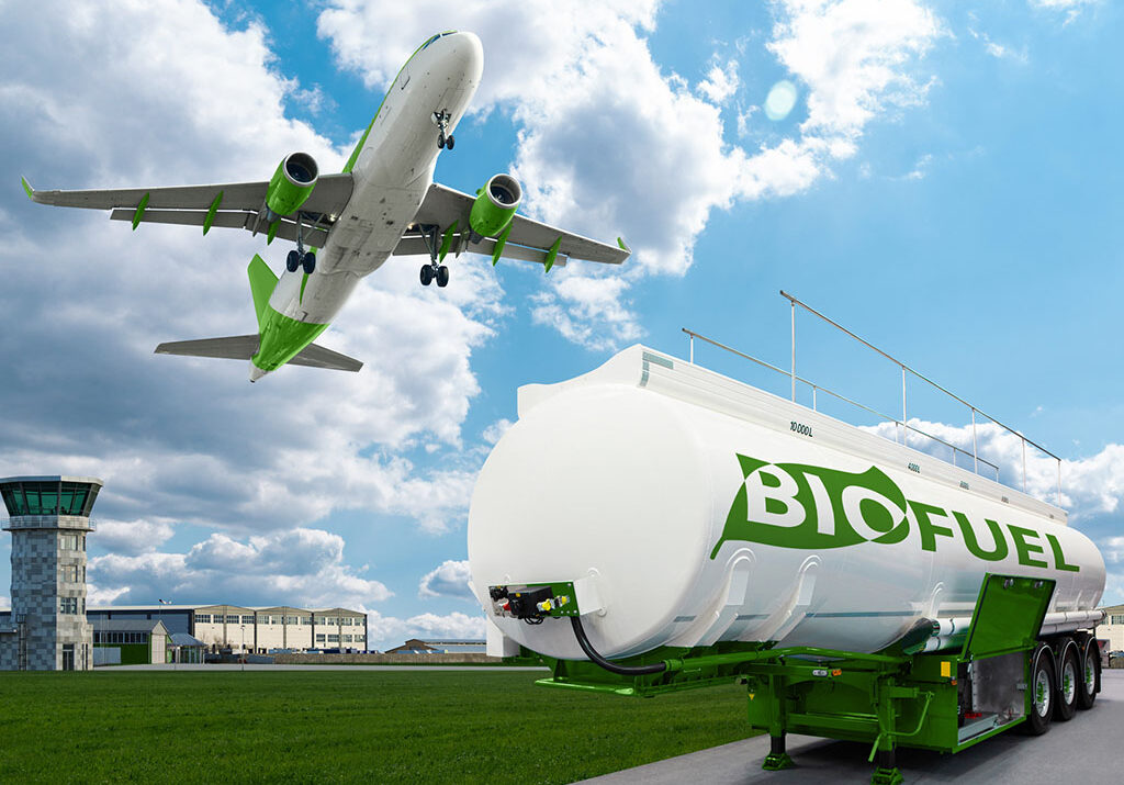 airplane taking off with a background of green fields, symbolizing the use of biofuels