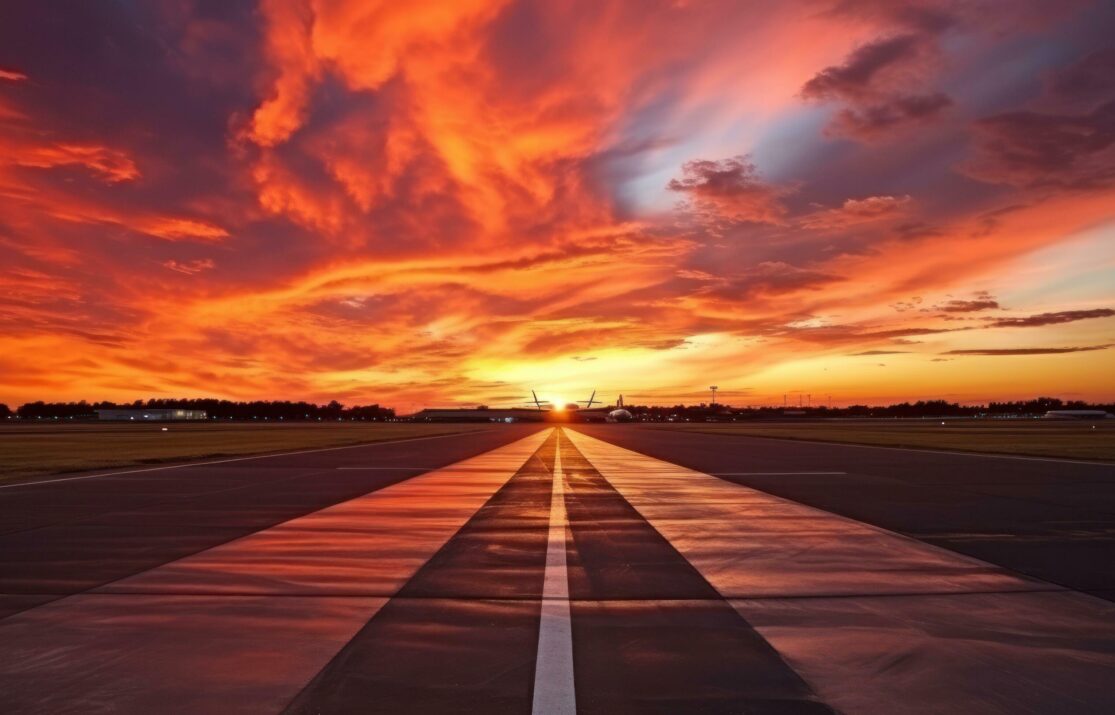 the-sunset-with-the-airport-runway-in-the-distance-free-photo